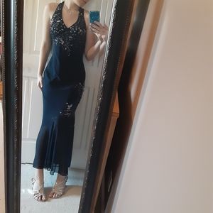 V Neck and High Tie Clip On Navy Blue Prom Dress